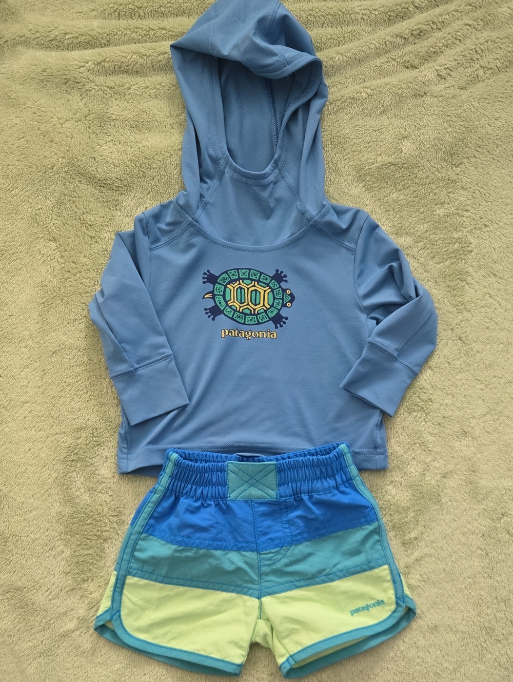 Patagonia Infant Light Blue Hooded Rashguard with Colorblock Swim Board Shorts